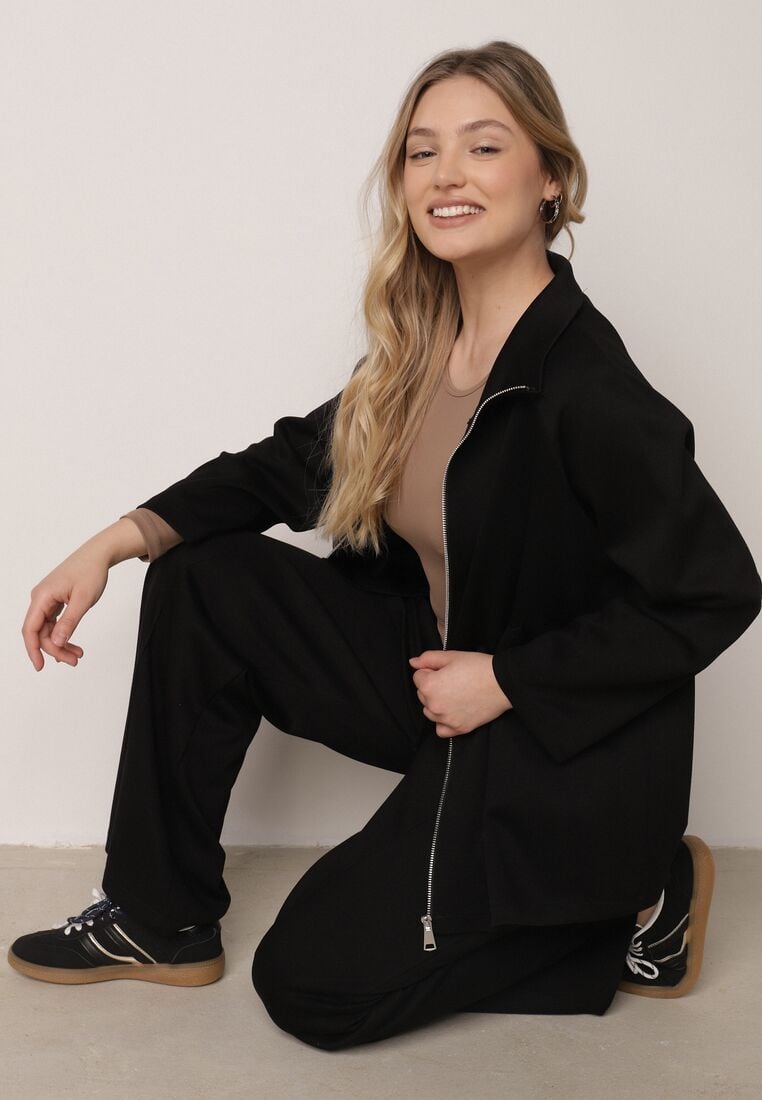 Czarny Dzianinowy Komplet Dresowy z Wiskozą Bluza ze Stójką i Spodnie Nevenira 2