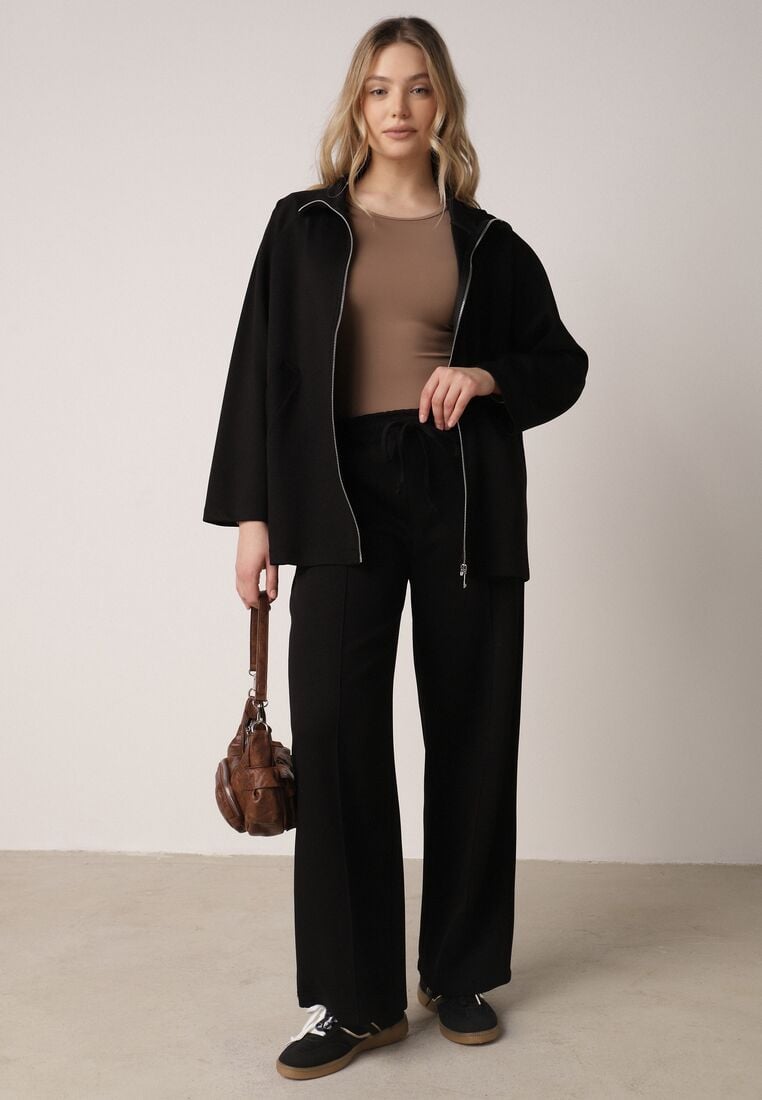 Czarny Dzianinowy Komplet Dresowy z Wiskozą Bluza ze Stójką i Spodnie Nevenira 5