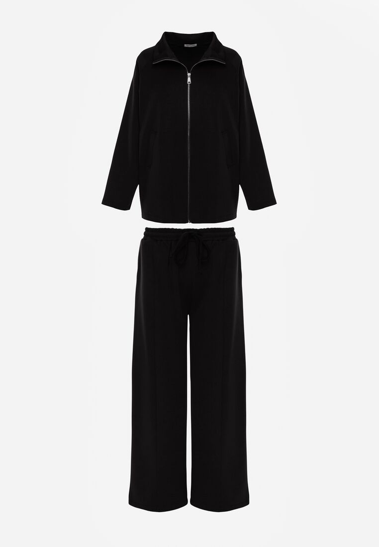 Czarny Dzianinowy Komplet Dresowy z Wiskozą Bluza ze Stójką i Spodnie Nevenira 6