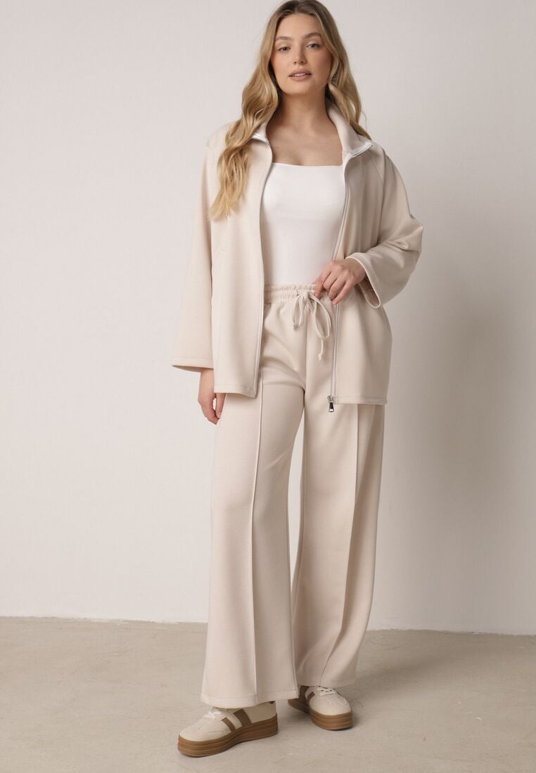 Beżowy Dzianinowy Komplet Dresowy z Wiskozą Bluza ze Stójką i Spodnie Nevenira 1