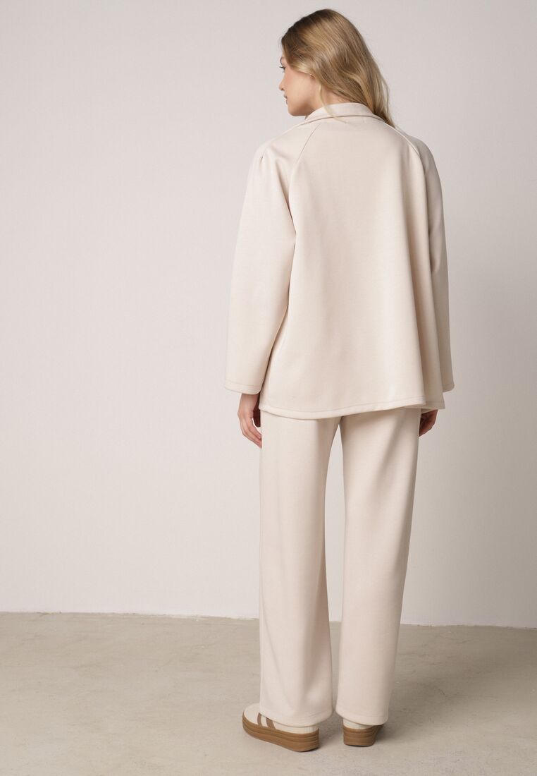 Beżowy Dzianinowy Komplet Dresowy z Wiskozą Bluza ze Stójką i Spodnie Nevenira 3