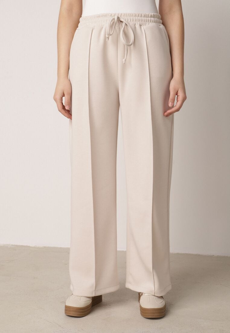 Beżowy Dzianinowy Komplet Dresowy z Wiskozą Bluza ze Stójką i Spodnie Nevenira 4