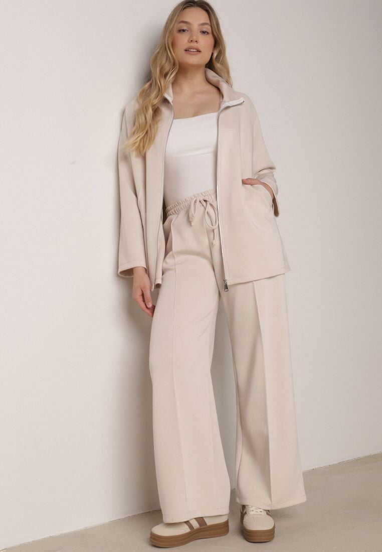 Beżowy Dzianinowy Komplet Dresowy z Wiskozą Bluza ze Stójką i Spodnie Nevenira 5
