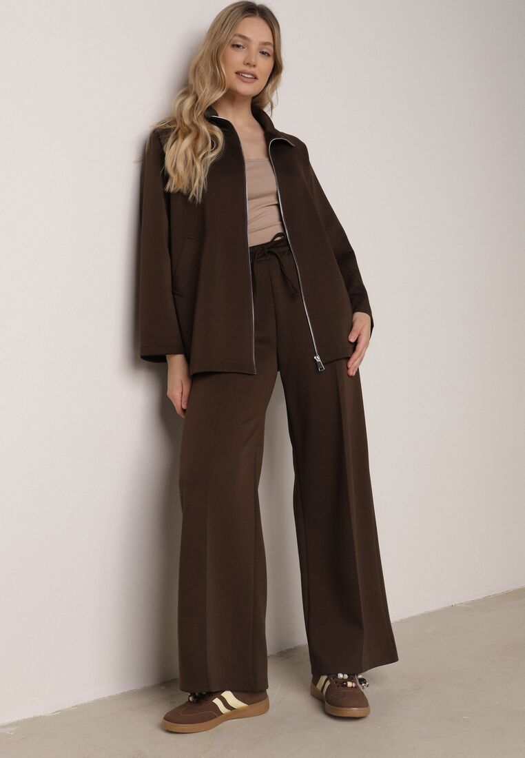 Brązowy Dzianinowy Komplet Dresowy z Wiskozą Bluza ze Stójką i Spodnie Neveniraa 1