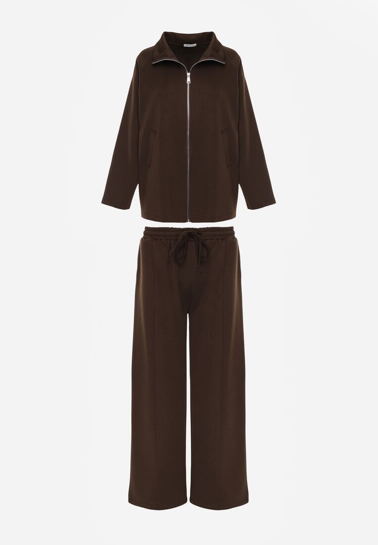 Brązowy Dzianinowy Komplet Dresowy z Wiskozą Bluza ze Stójką i Spodnie Neveniraa 6