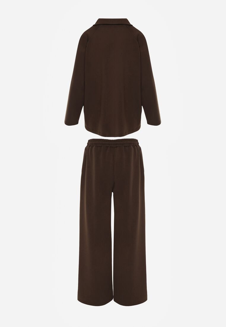 Brązowy Dzianinowy Komplet Dresowy z Wiskozą Bluza ze Stójką i Spodnie Neveniraa 7