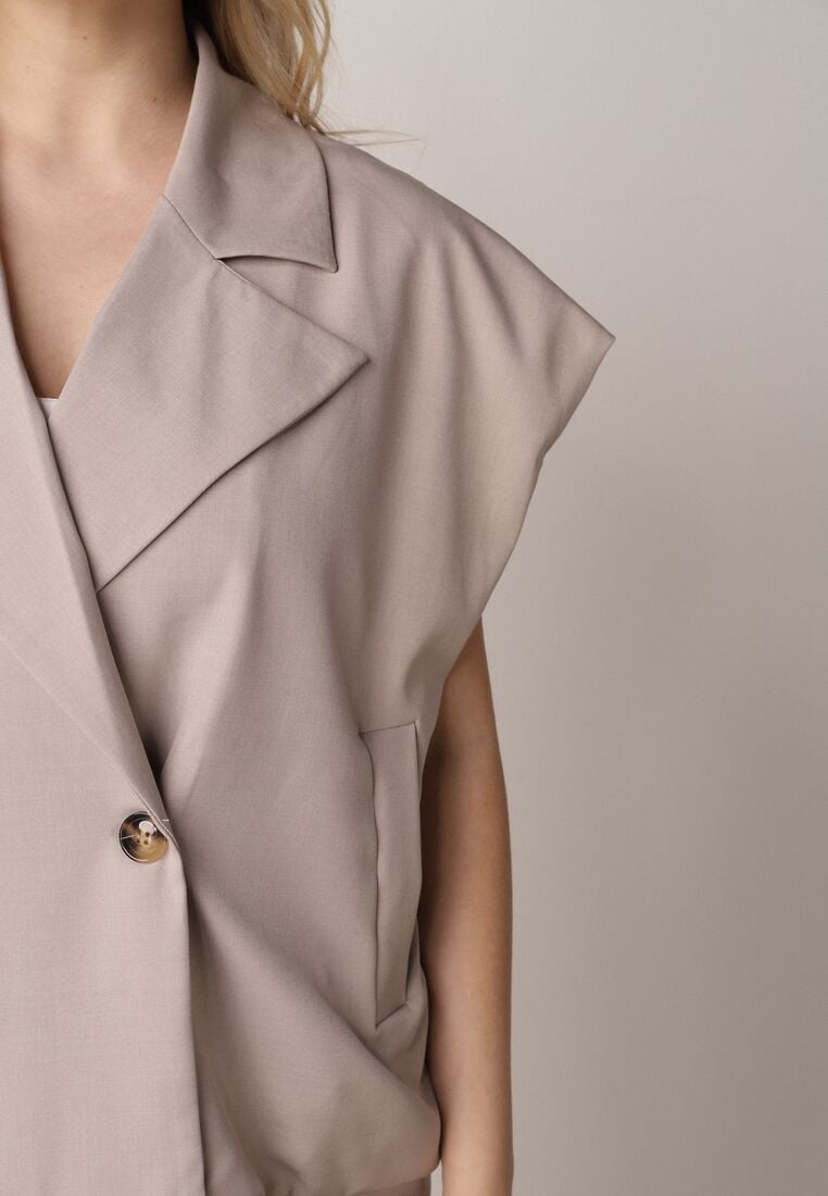 Beżowa Garniturowa Kamizelka Oversize z Dwurzędowym Zapięciem Edriana 5