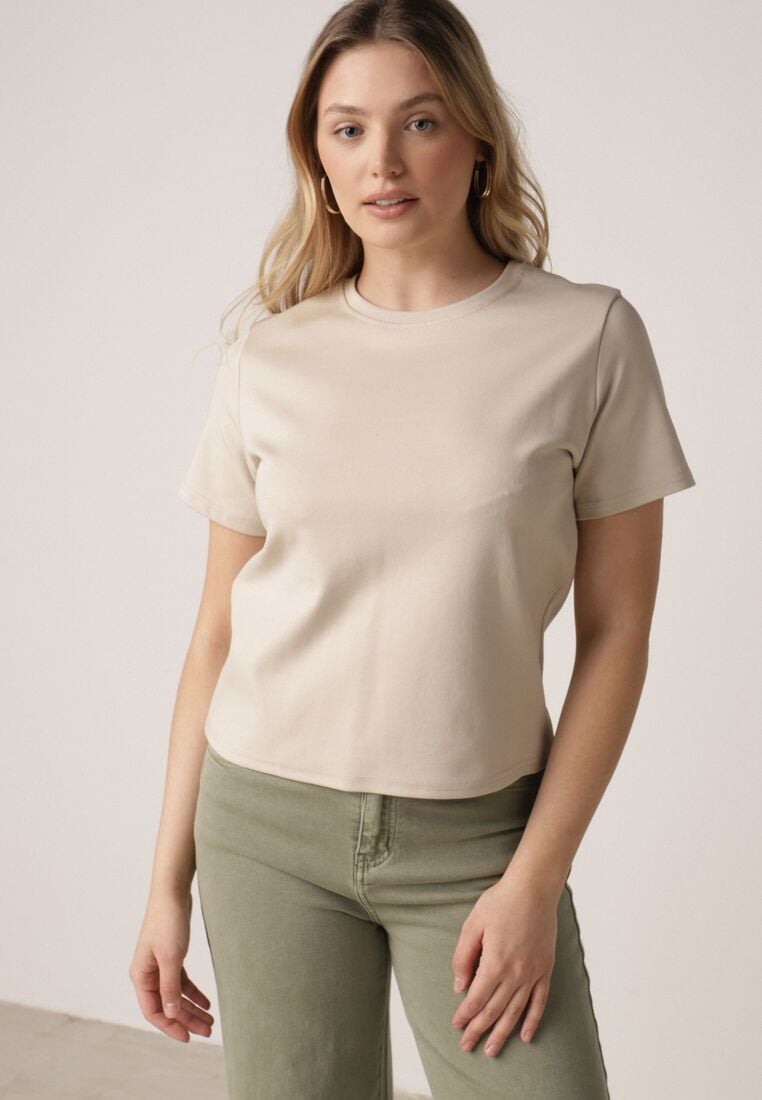 Beżowy Bawełniany T-shirt w Klasycznym Stylu Hetita 4