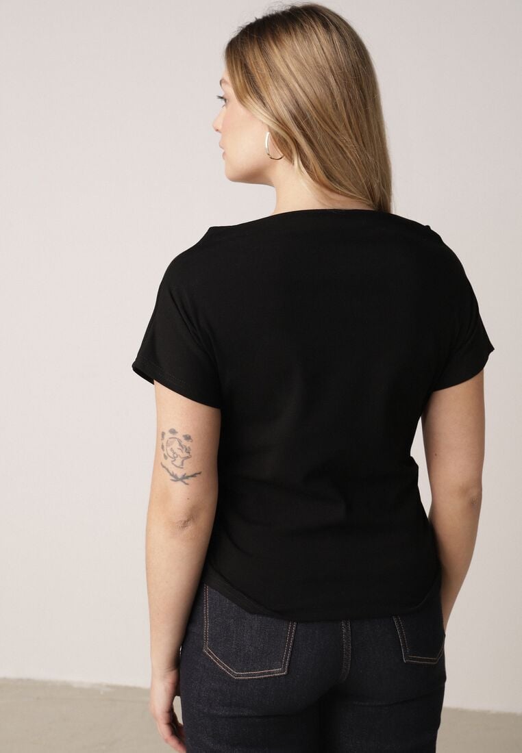 Czarny Bawełniany T-shirt z Marszczeniem w Talii i Dekoltem w Łódkę Savorith 3