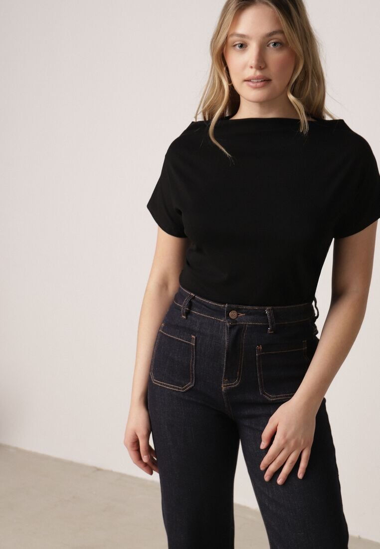 Czarny Bawełniany T-shirt z Marszczeniem w Talii i Dekoltem w Łódkę Savorith 4