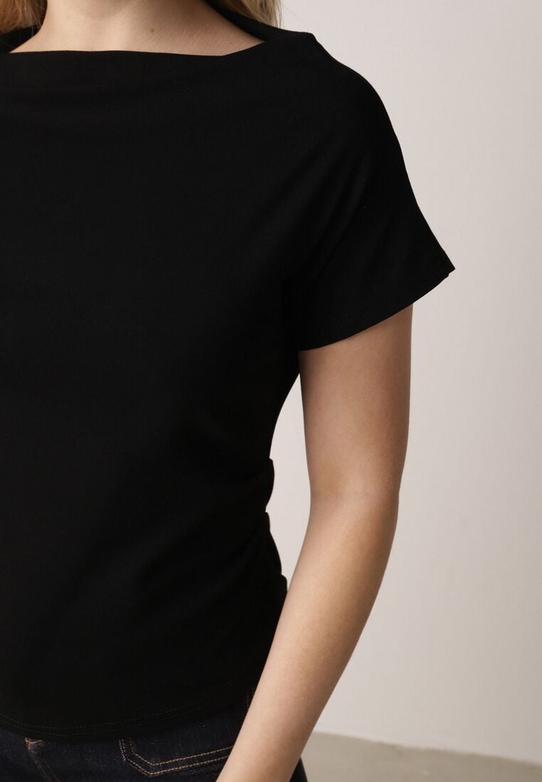 Czarny Bawełniany T-shirt z Marszczeniem w Talii i Dekoltem w Łódkę Savorith 5