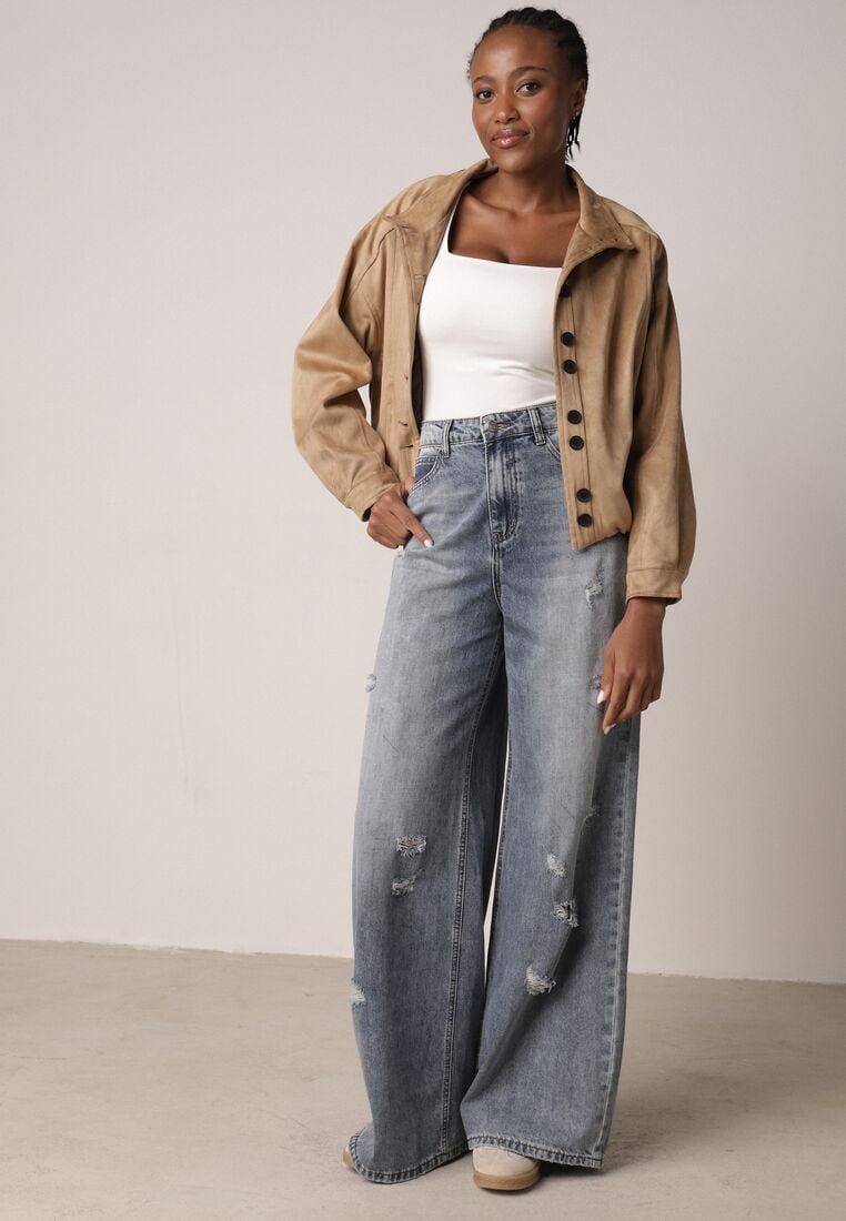 Niebieskie Bawełniane Jeansy Typu Palazzo Ozdobione Przetarciami i Dziurami Erivaine 1