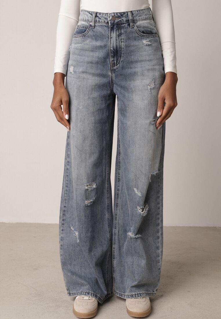Niebieskie Bawełniane Jeansy Typu Palazzo Ozdobione Przetarciami i Dziurami Erivaine 2