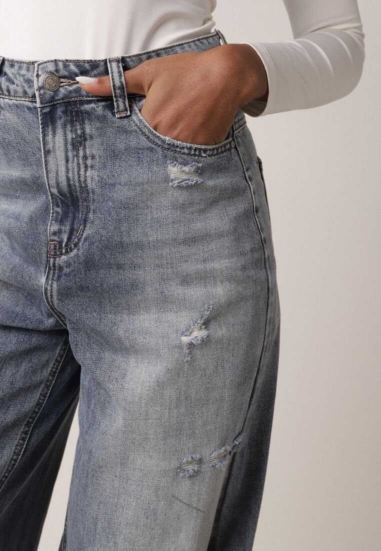 Niebieskie Bawełniane Jeansy Typu Palazzo Ozdobione Przetarciami i Dziurami Erivaine 4