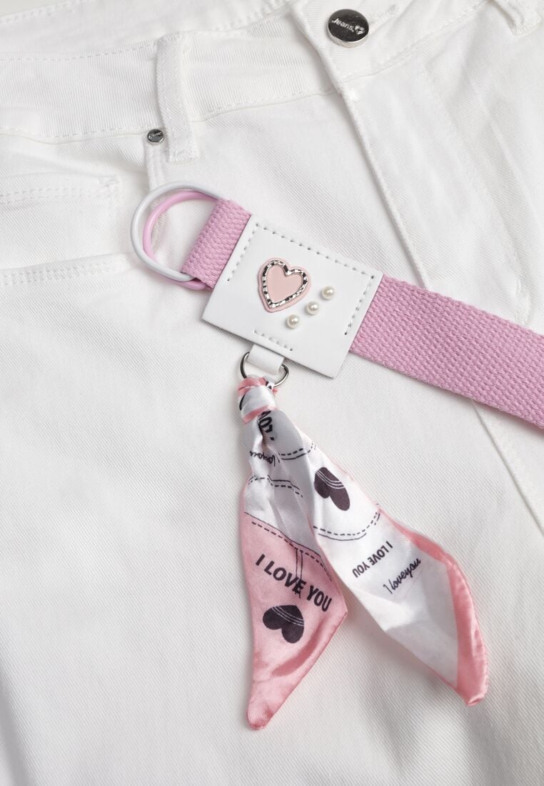 Białe Jeansy z Bawełną i Wiskozą o Kroju Mom Fit z Apaszką i Paskiem Hetirae 8