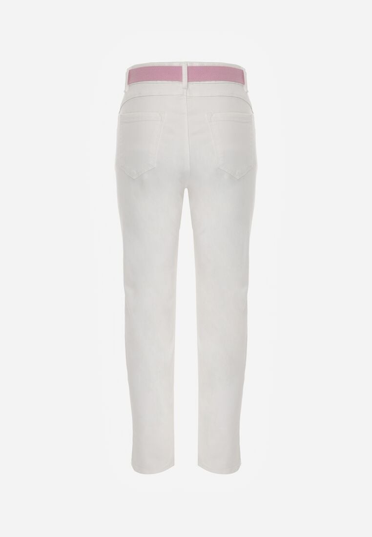 Białe Jeansy z Bawełną i Wiskozą o Kroju Mom Fit z Apaszką i Paskiem Hetirae 7