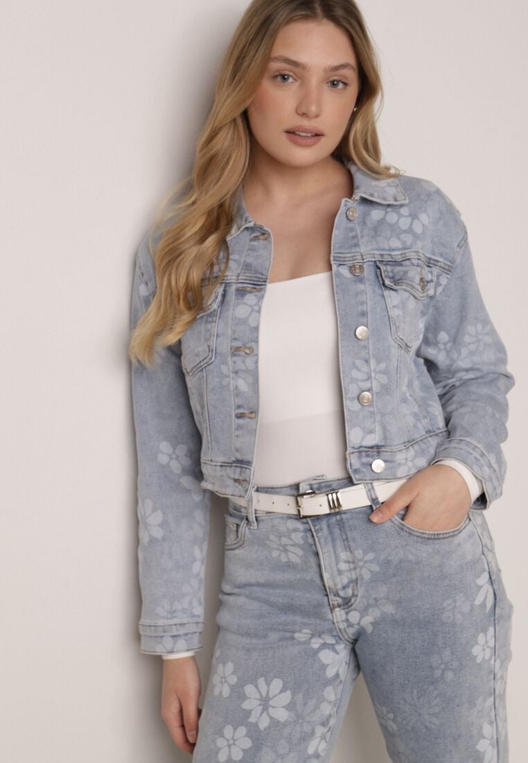 Niebieska Krótka Kurtka Jeansowa z Bawełną i Wiskozą w Kwiatowy Wzór Neanelith 1