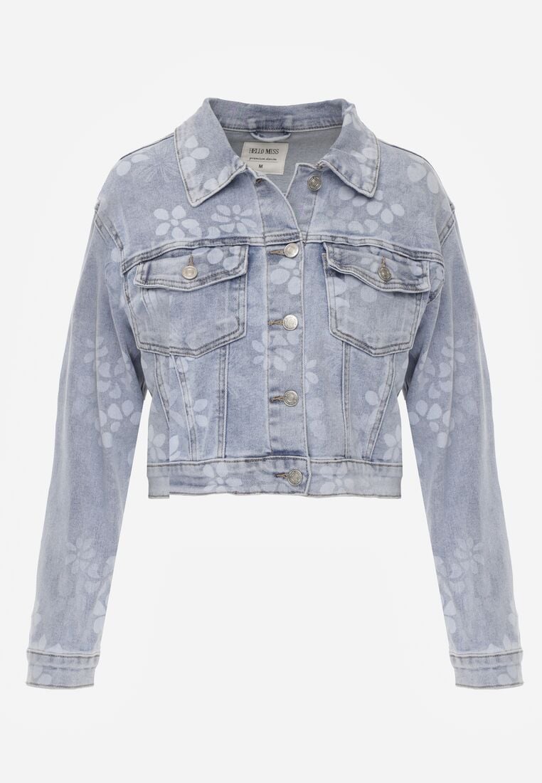 Niebieska Krótka Kurtka Jeansowa z Bawełną i Wiskozą w Kwiatowy Wzór Neanelith 6