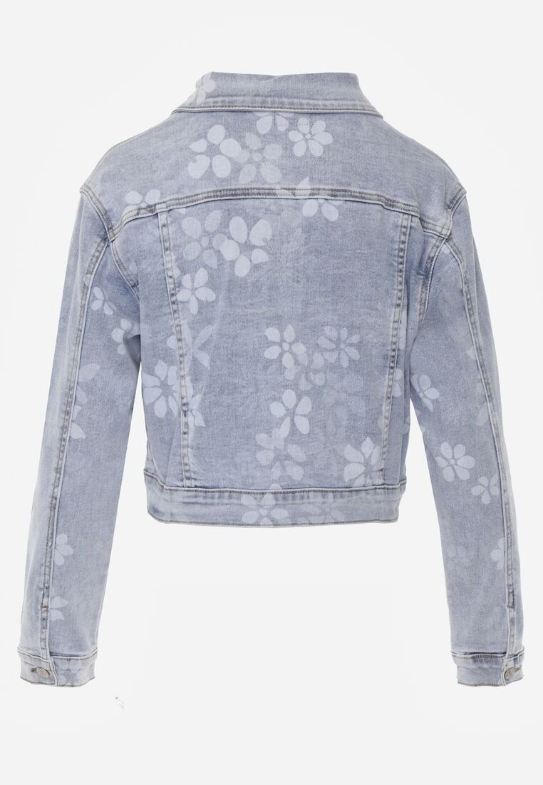 Niebieska Krótka Kurtka Jeansowa z Bawełną i Wiskozą w Kwiatowy Wzór Neanelith 7