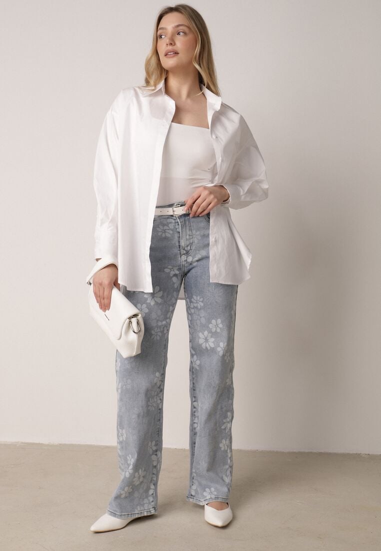 Niebieskie Jeansy z Bawełną o Szerokim Kroju Ozdobione Kwiatami Zinnoreth 1