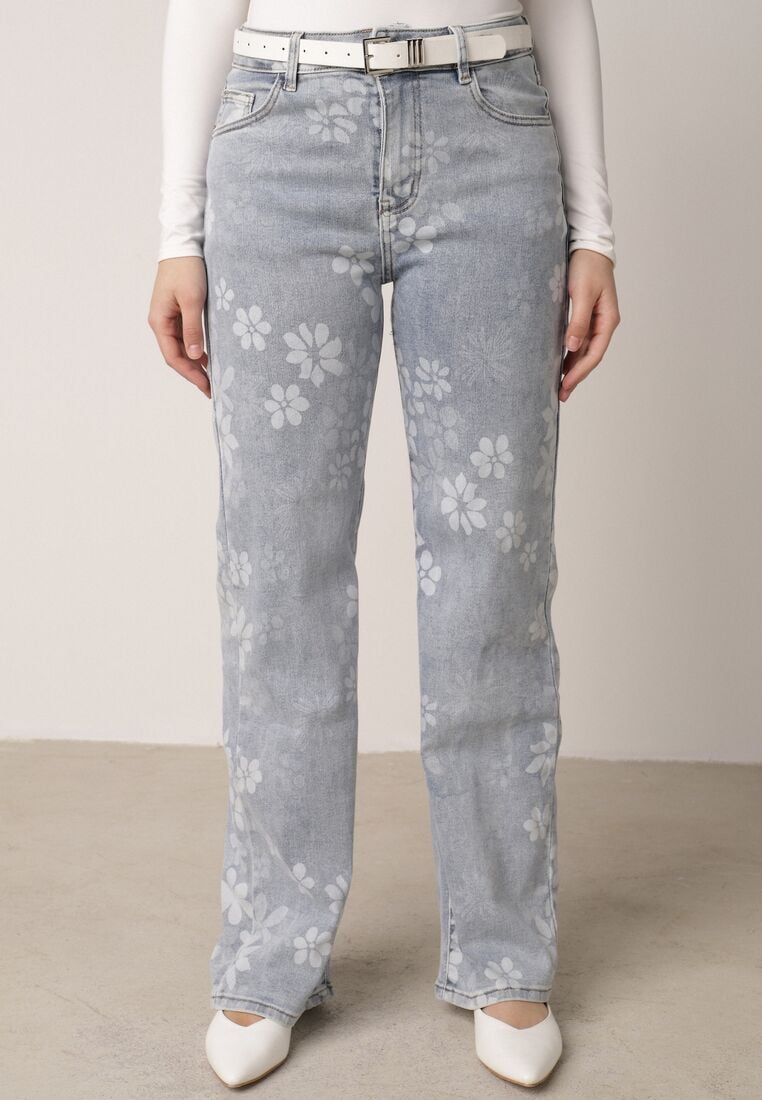 Niebieskie Jeansy z Bawełną o Szerokim Kroju Ozdobione Kwiatami Zinnoreth 2