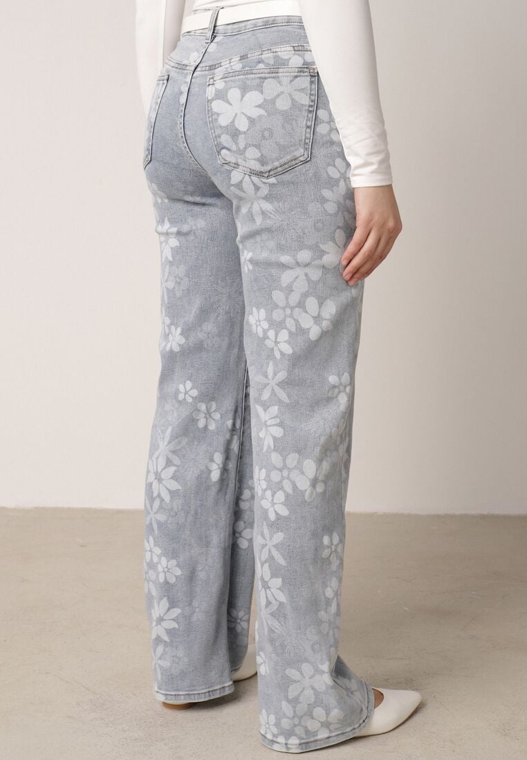 Niebieskie Jeansy z Bawełną o Szerokim Kroju Ozdobione Kwiatami Zinnoreth 3