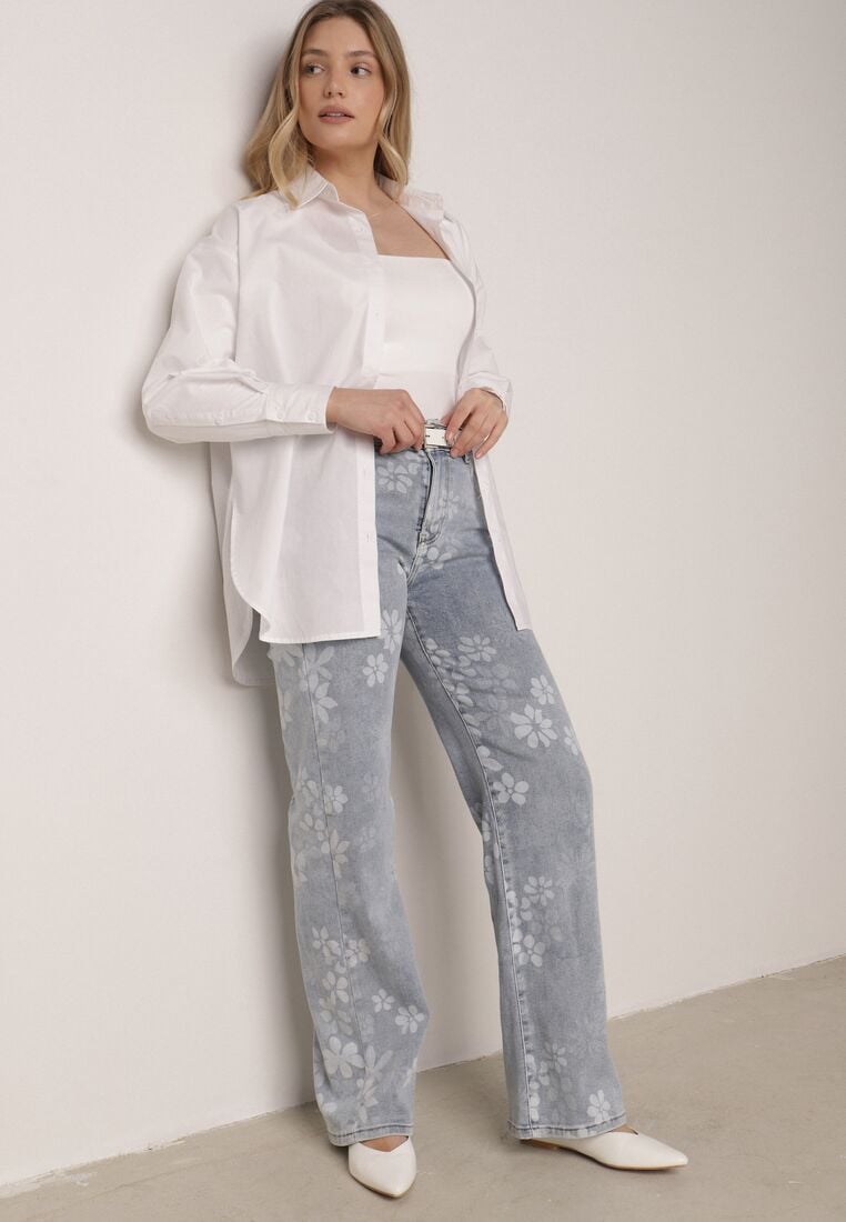 Niebieskie Jeansy z Bawełną o Szerokim Kroju Ozdobione Kwiatami Zinnoreth 4