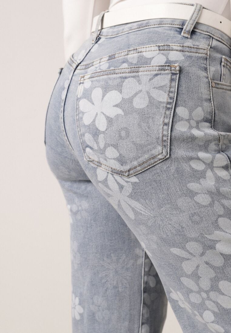 Niebieskie Jeansy z Bawełną o Szerokim Kroju Ozdobione Kwiatami Zinnoreth 5