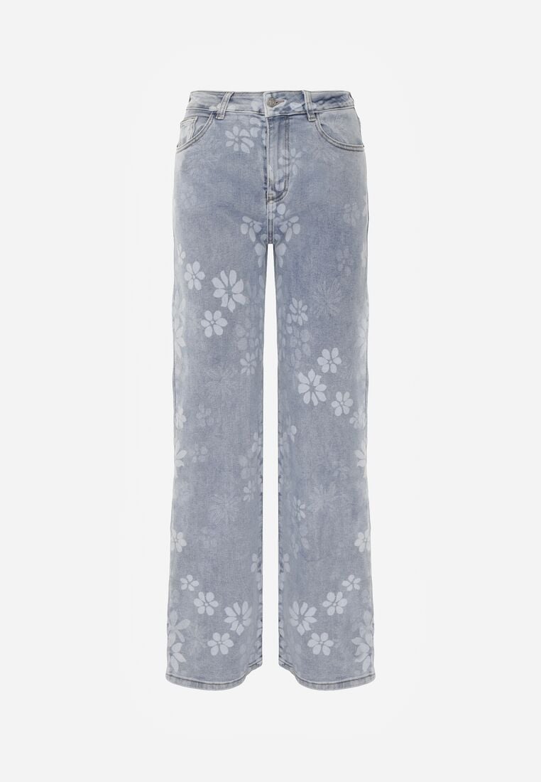 Niebieskie Jeansy z Bawełną o Szerokim Kroju Ozdobione Kwiatami Zinnoreth 6