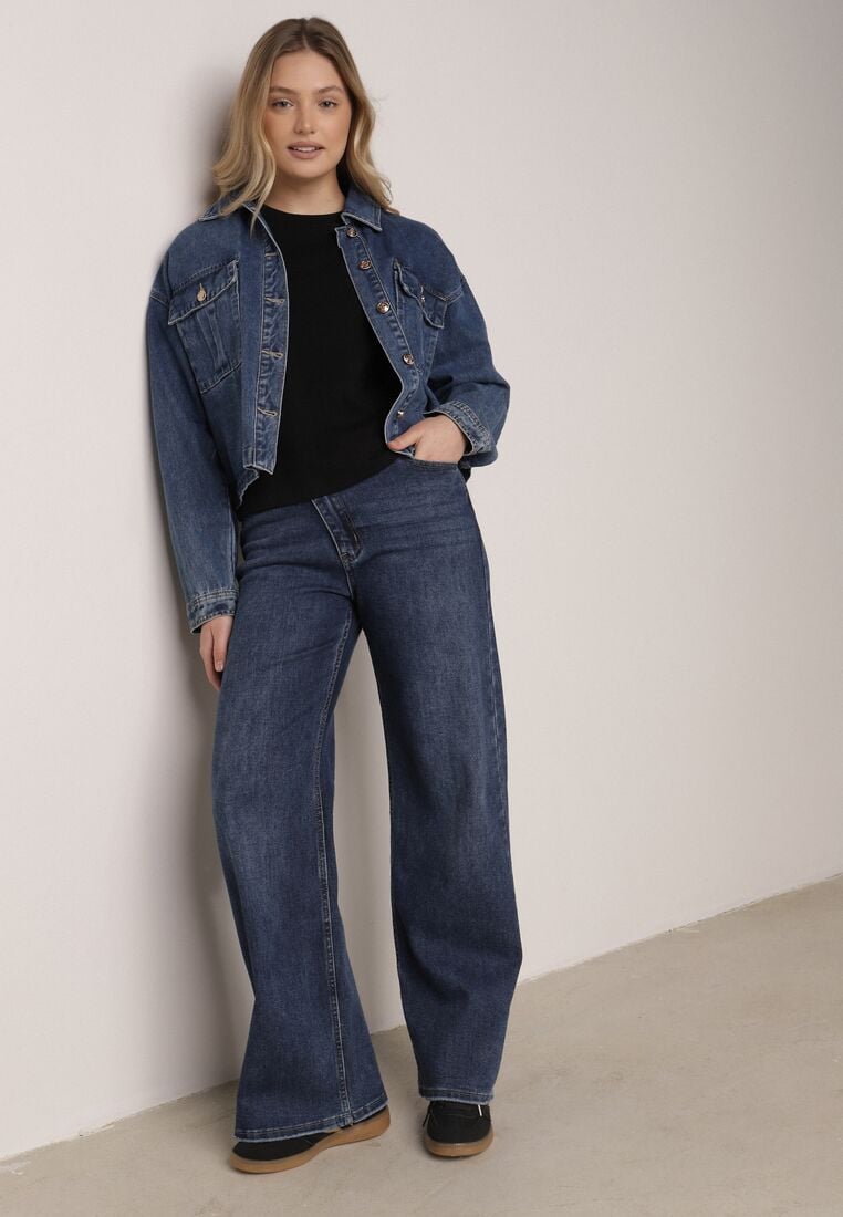 Niebieskie Bawełniane Jeansy o Szerokim Kroju z Asymetrycznym Zapięciem Fezitera 2