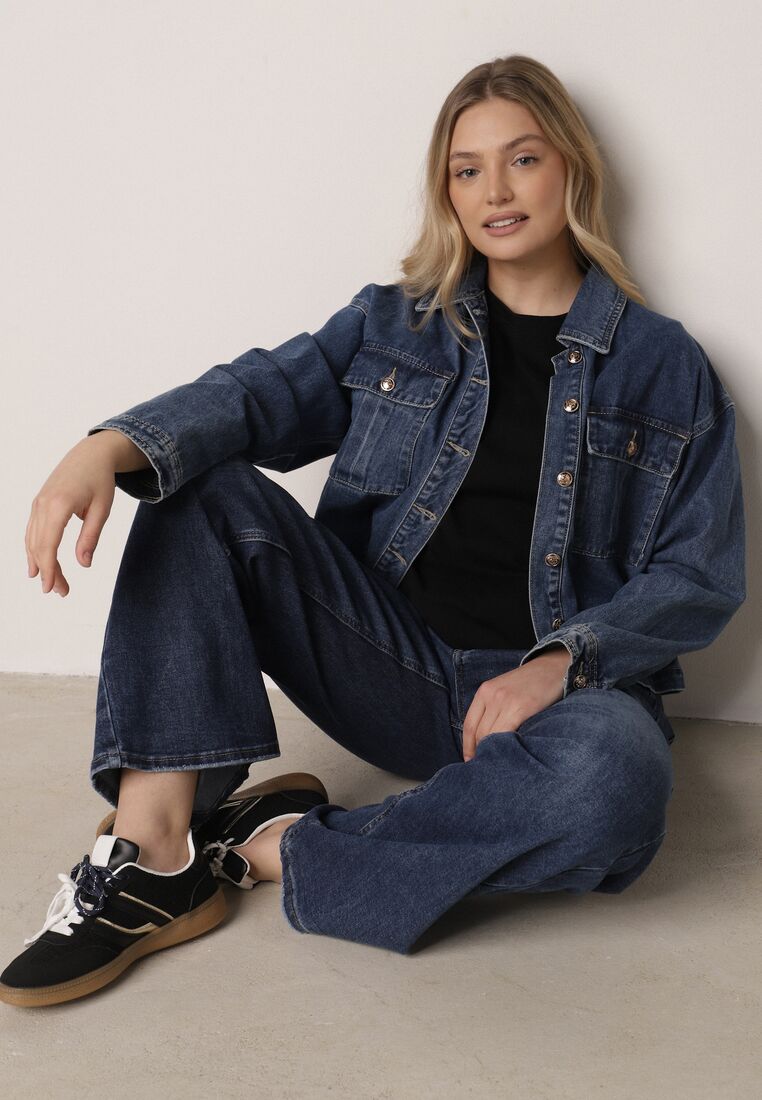 Niebieskie Bawełniane Jeansy o Szerokim Kroju z Asymetrycznym Zapięciem Fezitera 4