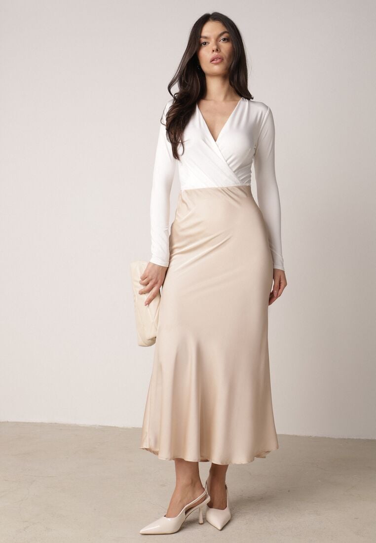 Beżowa Satynowa Spódnica z Lekko Rozkloszowanym Dołem  Zinnemira 4