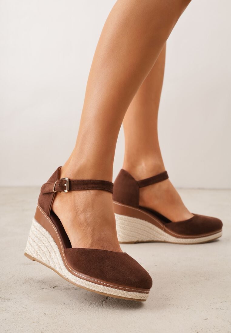 Brązowe Sandały na Koturnie z Plecionki i Zapięciem na Sprzączkę Jessaln 2
