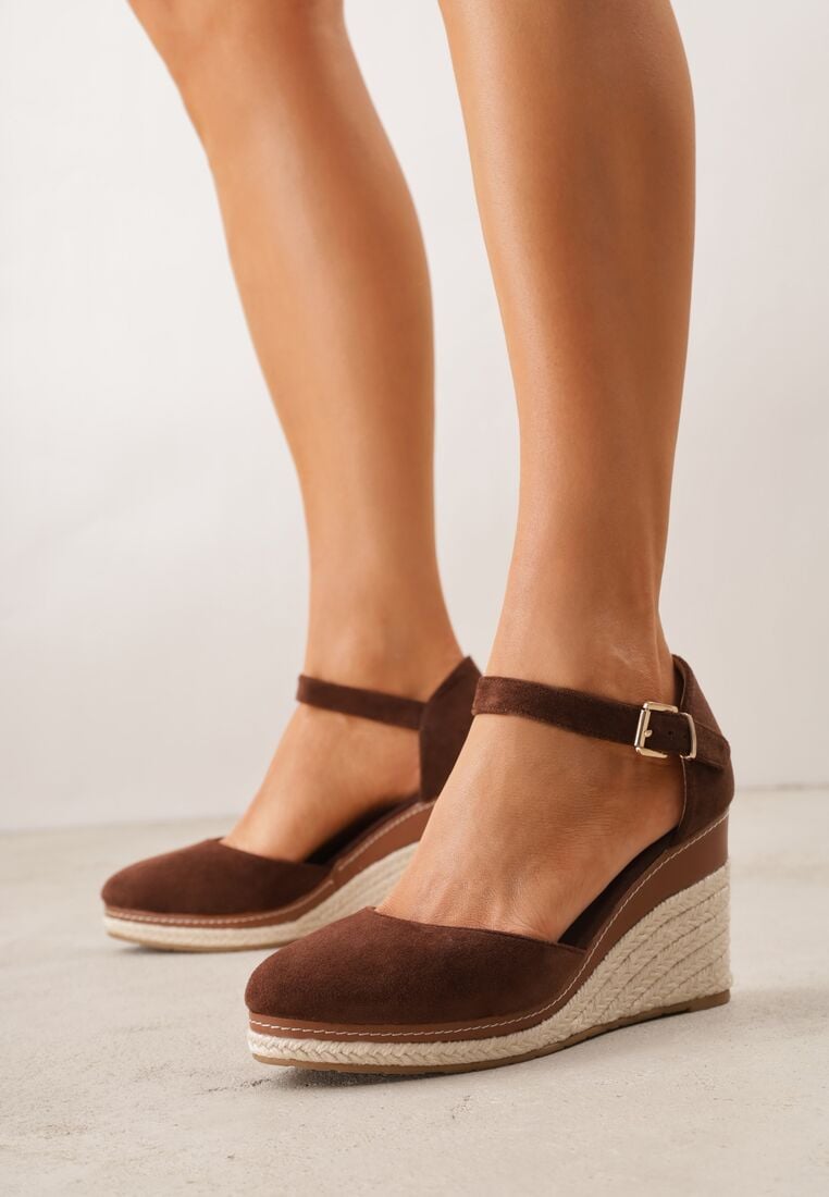 Brązowe Sandały na Koturnie z Plecionki i Zapięciem na Sprzączkę Jessaln 1