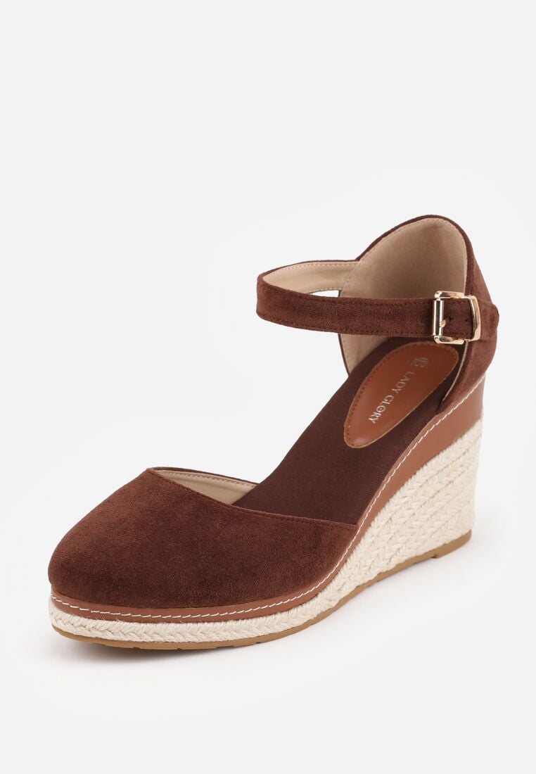 Brązowe Sandały na Koturnie z Plecionki i Zapięciem na Sprzączkę Jessaln 5