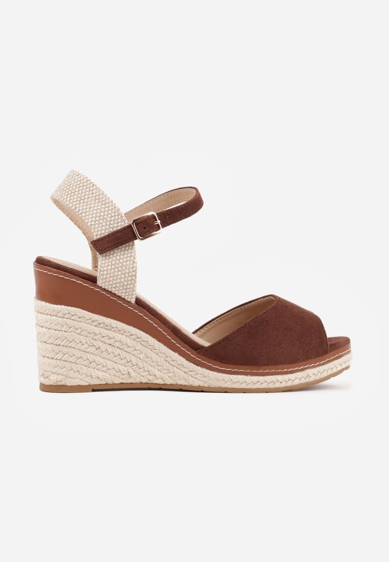 Brązowe Sandały na Wysokim Plecionym Koturnie Nacireda 4