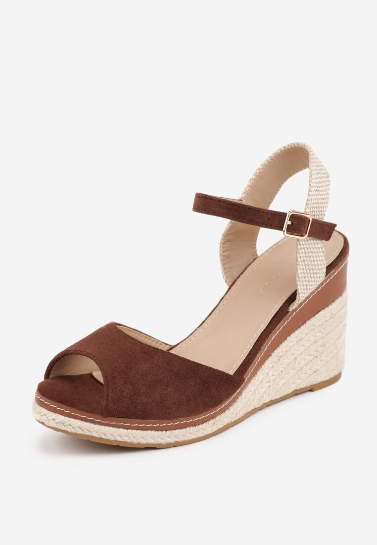 Brązowe Sandały na Wysokim Plecionym Koturnie Nacireda 5