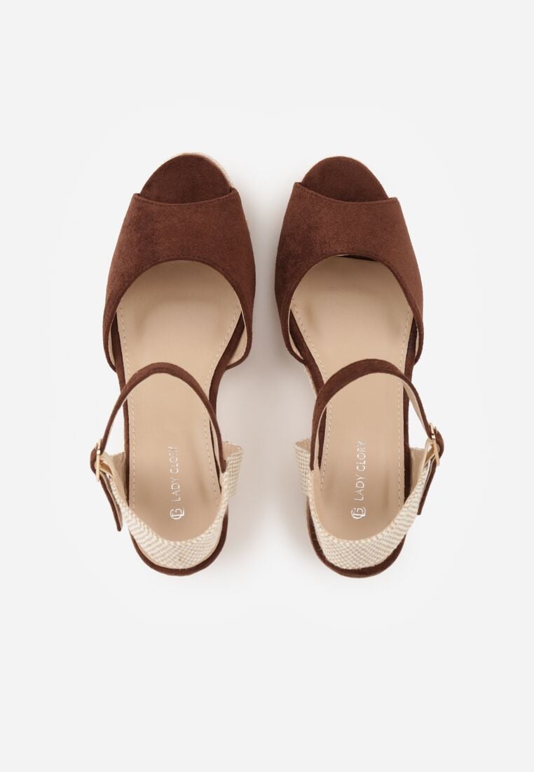 Brązowe Sandały na Wysokim Plecionym Koturnie Nacireda 6