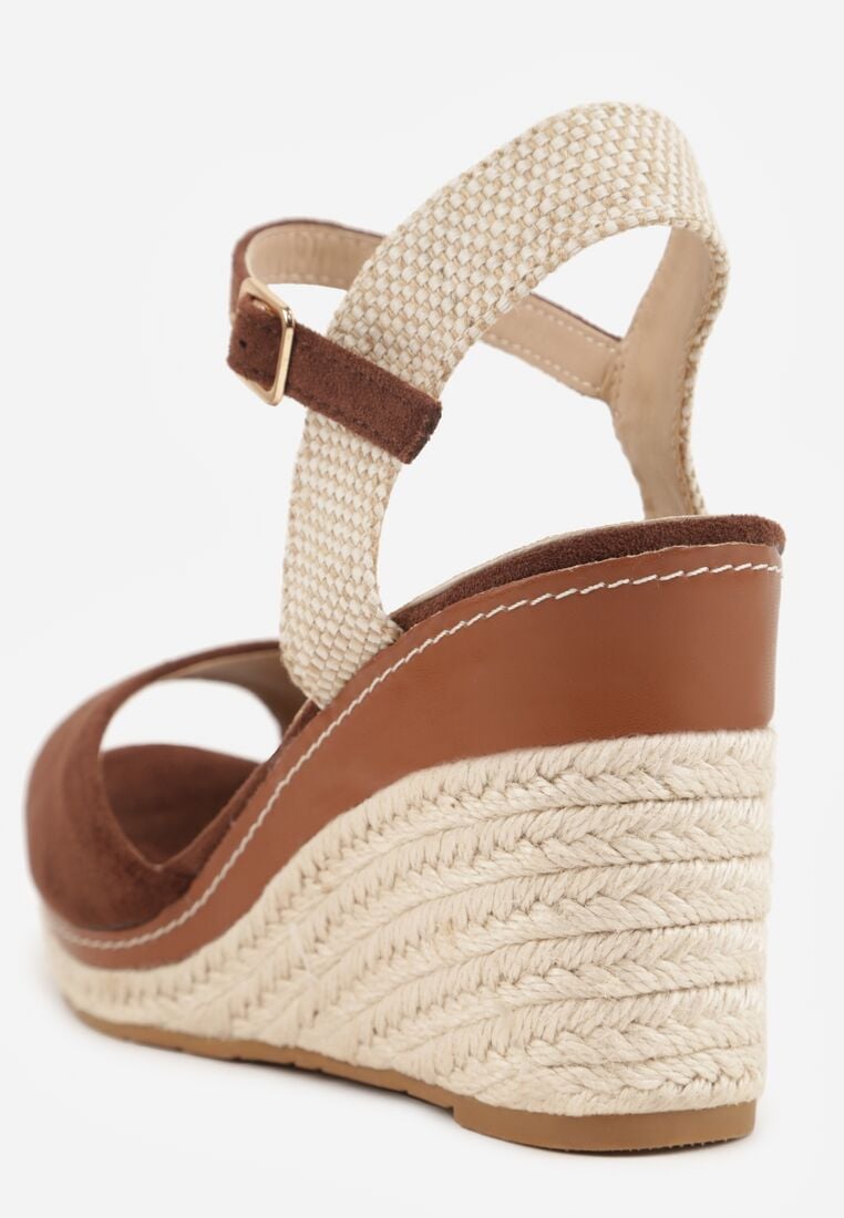 Brązowe Sandały na Wysokim Plecionym Koturnie Nacireda 8