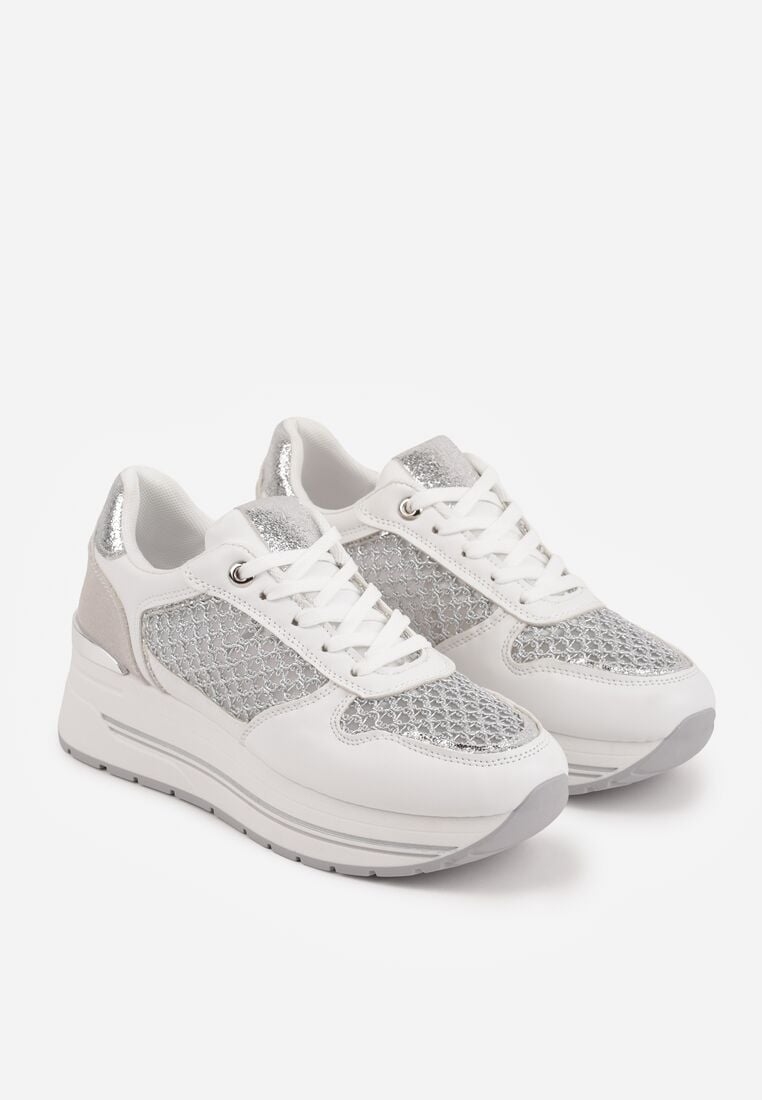 Białe Sneakersy na Grubej Podeszwie z Siateczkowymi i Metalicznymi Wstawkamu Sewtira 5