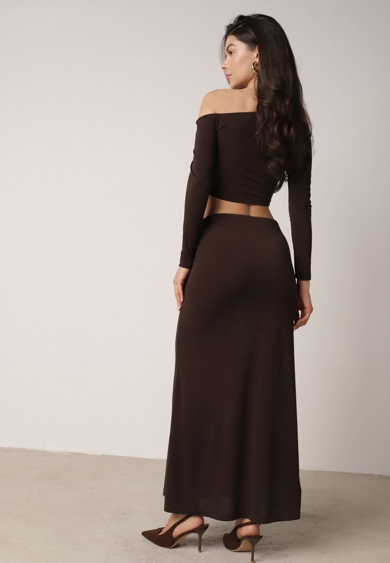 Brązowy Marszczony Komplet z Kwiatowymi Aplikacjami Bluzka i Spódnica Bervisse 3