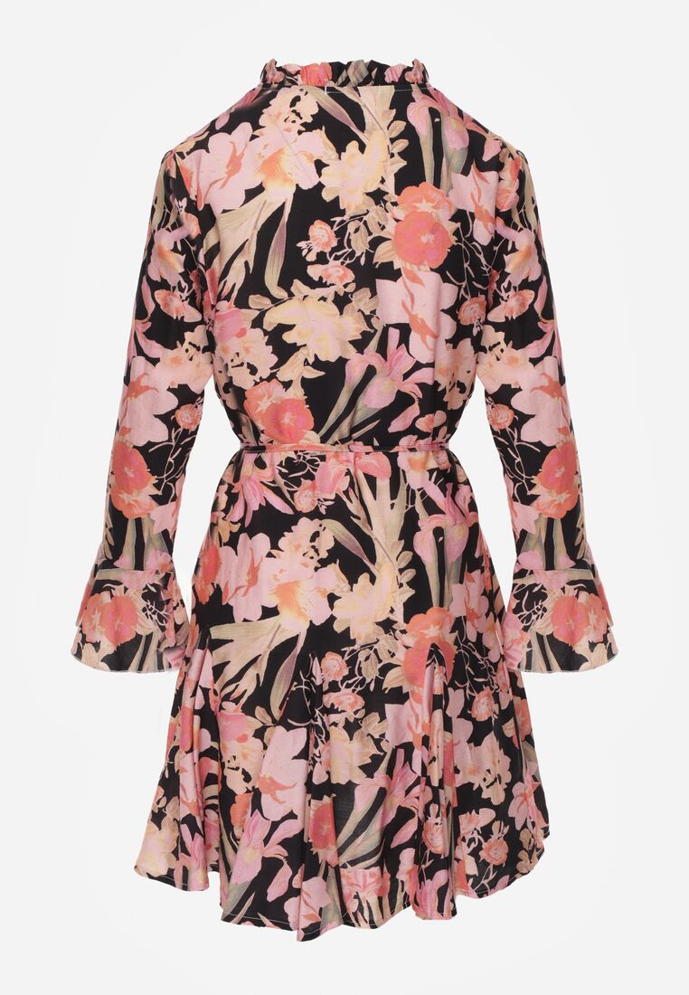 Czarna Wiskozowa Rozkloszowana Sukienka w Kwiaty z Paskiem  Sinthea 7