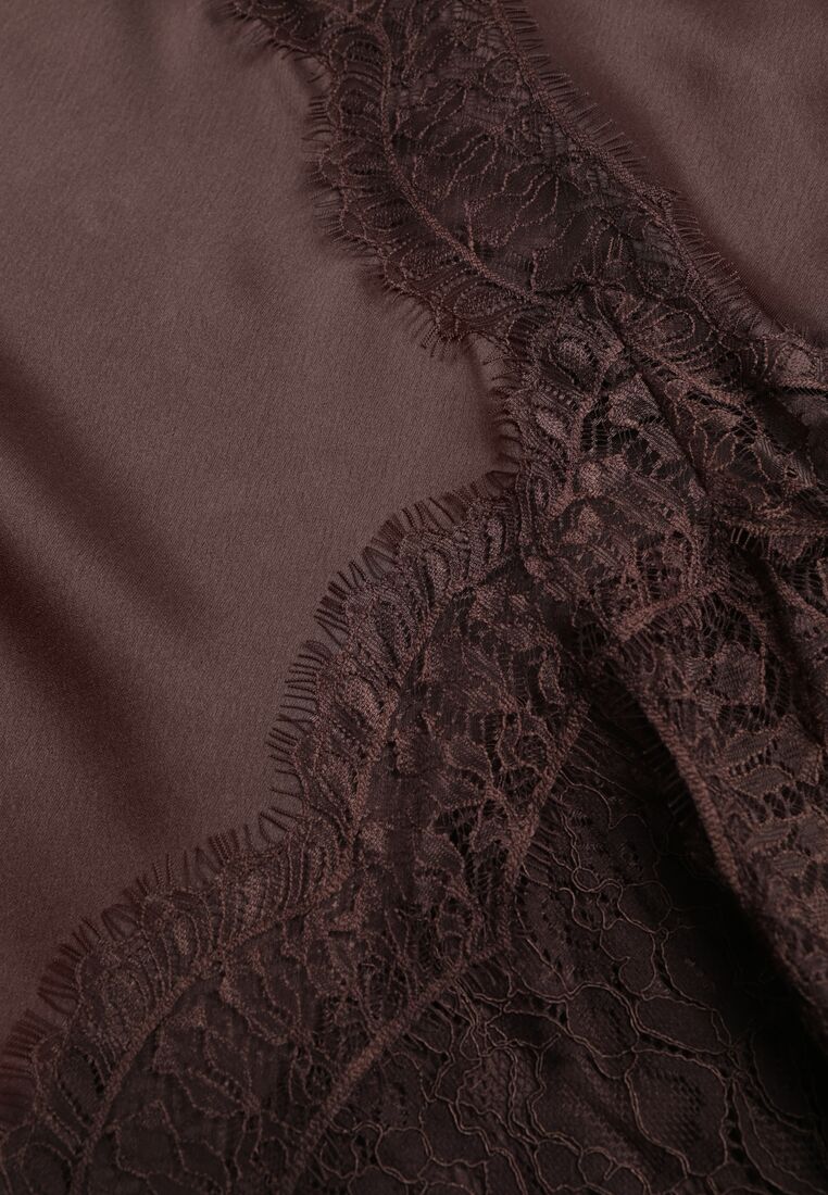 Brązowa Spódnica z Satyny z Koronką i Rozcięciem na Nogę Doritana 8