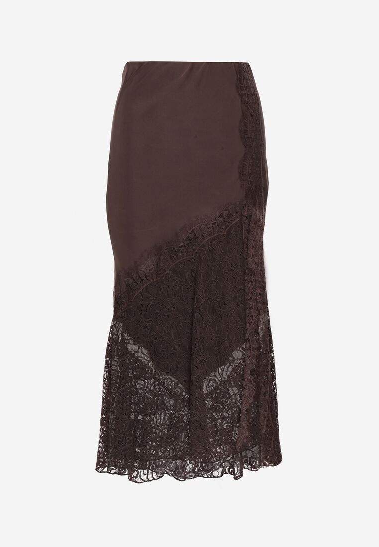 Brązowa Spódnica z Satyny z Koronką i Rozcięciem na Nogę Doritana 6