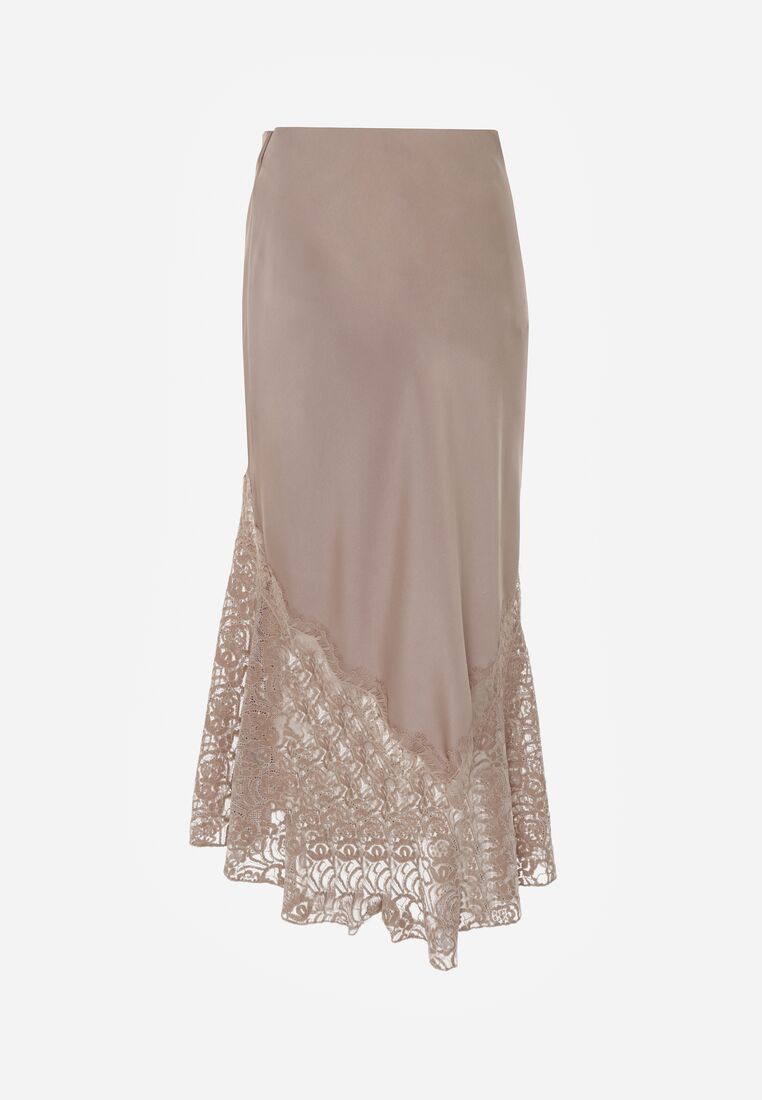 Beżowa Spódnica z Satyny z Koronką i Rozcięciem na Nogę Doritana 7