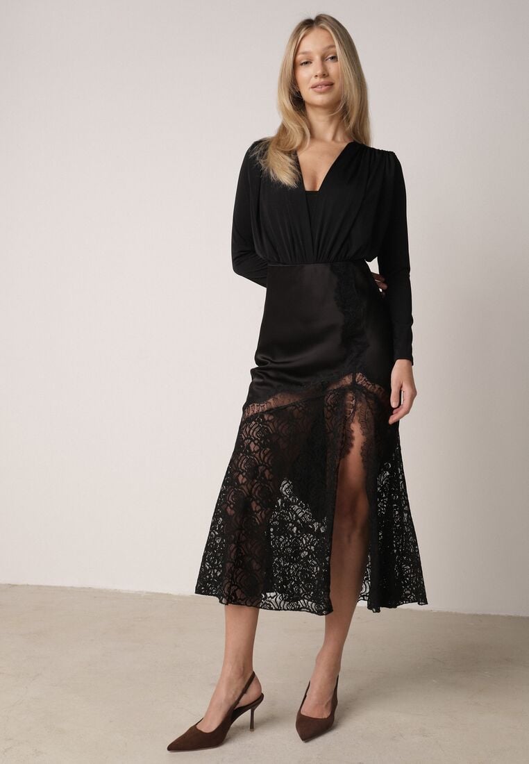 Czarna Spódnica z Satyny z Koronką i Rozcięciem na Nogę Doritana 4