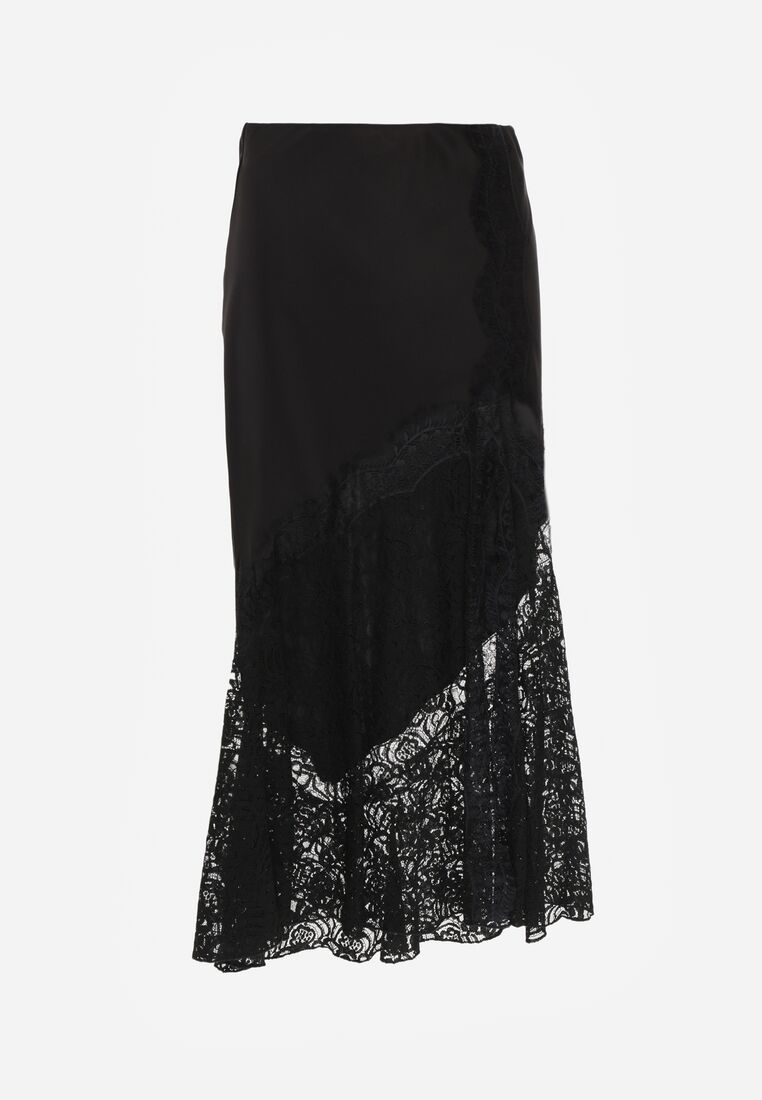 Czarna Spódnica z Satyny z Koronką i Rozcięciem na Nogę Doritana 6