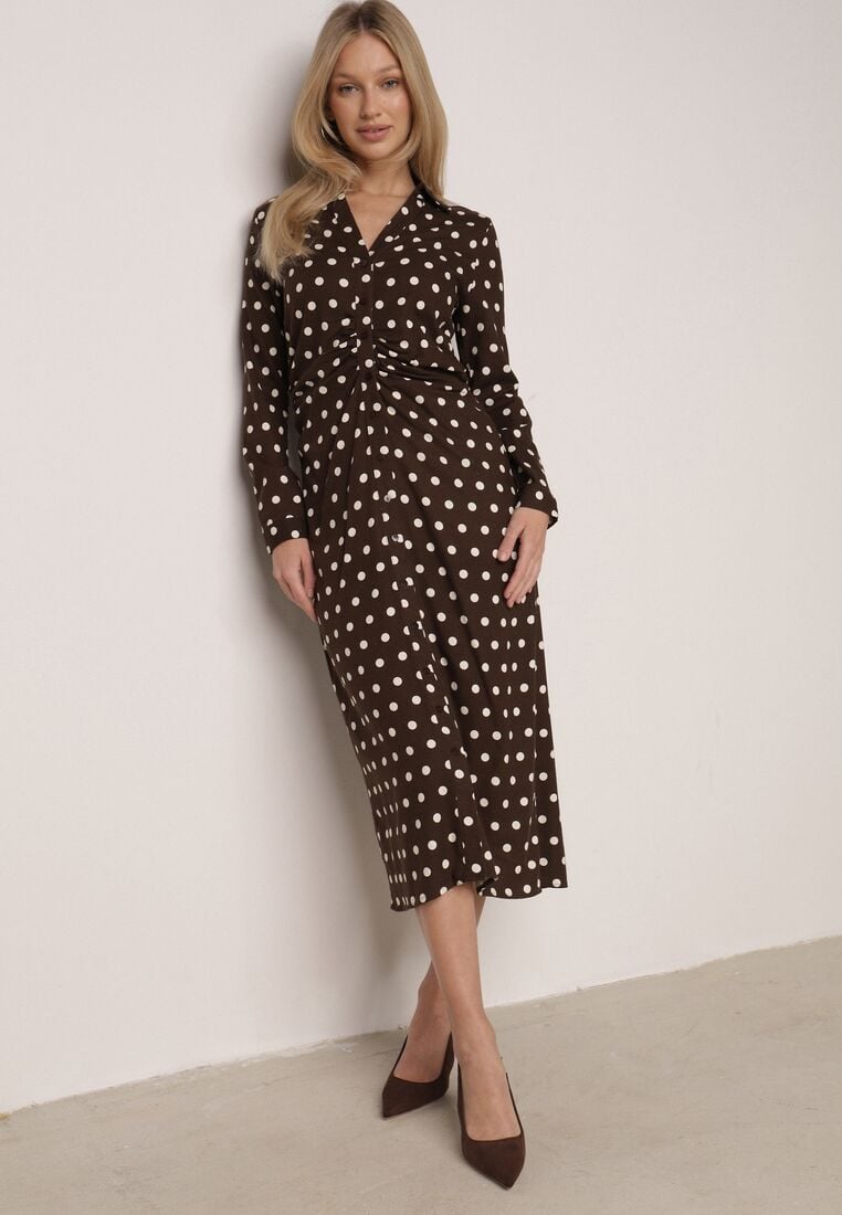 Brązowa Wiskozowa Sukienka Koszulowa z Domieszką Lnu z Marszczeniem Besirra 2