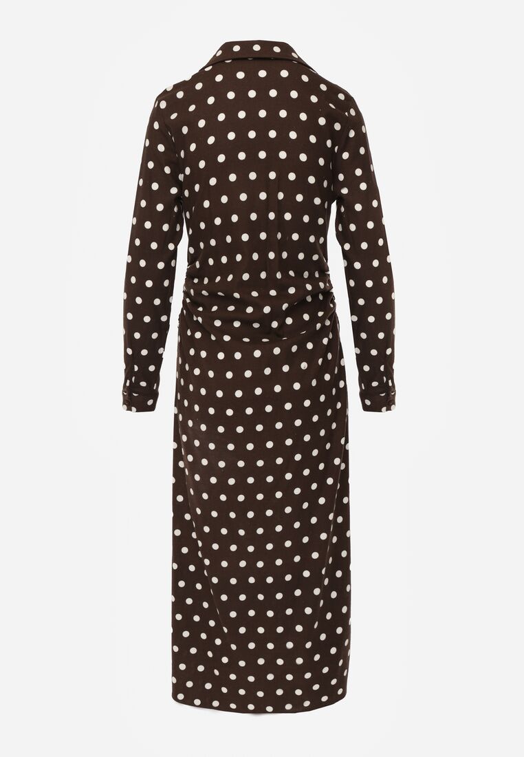 Brązowa Wiskozowa Sukienka Koszulowa z Domieszką Lnu z Marszczeniem Besirra 7