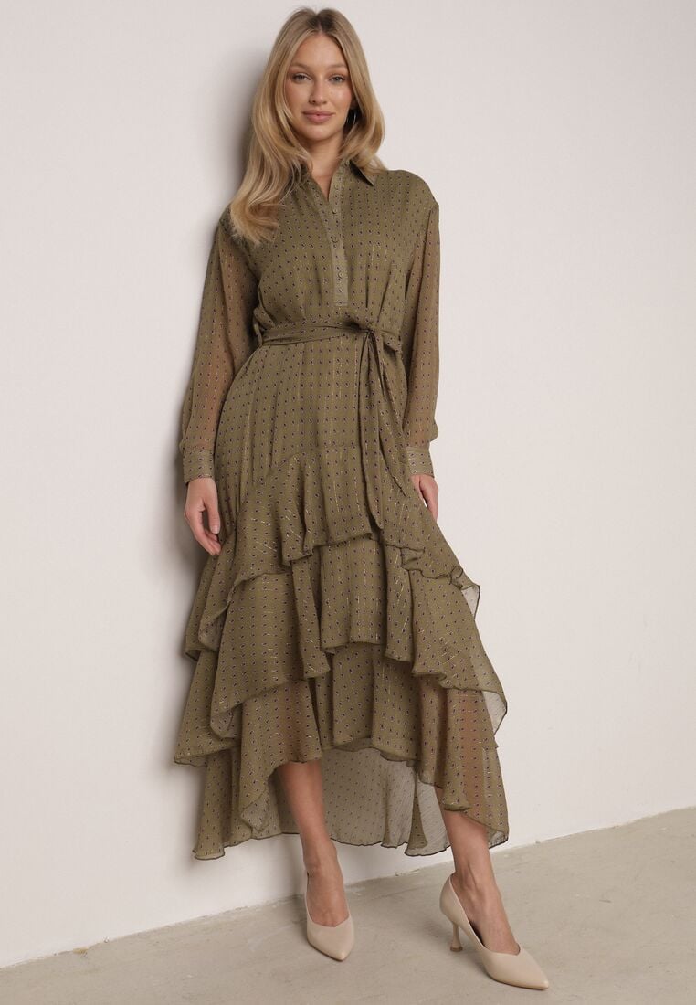 Zielona Koszulowa Sukienka z Dłuższym Tyłem i Falbanami Savandra 1